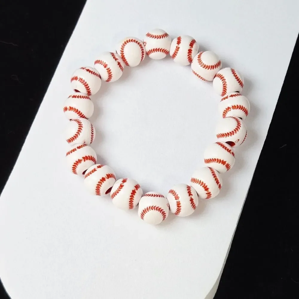 Baseball Beaded Bracelet White Red Stitch Acrylic Stretch Sports Bracelet Gift